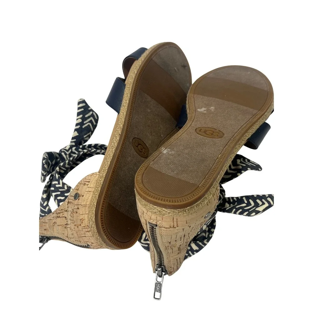 UGG Idina‎ Navy Blue Espadrille Sandal Striped Ankle Tie Zip Cork Heel Size 8.5